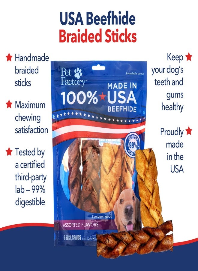 Pet Factory 100% USA Made Natural Beefhide Dog Chew Sticks - 6in Braided Dog Rawhide Bones with Beef & Chicken Flavors for Dental Health & Safe Chewing - 6 inches (Pack of 6) - Image 3